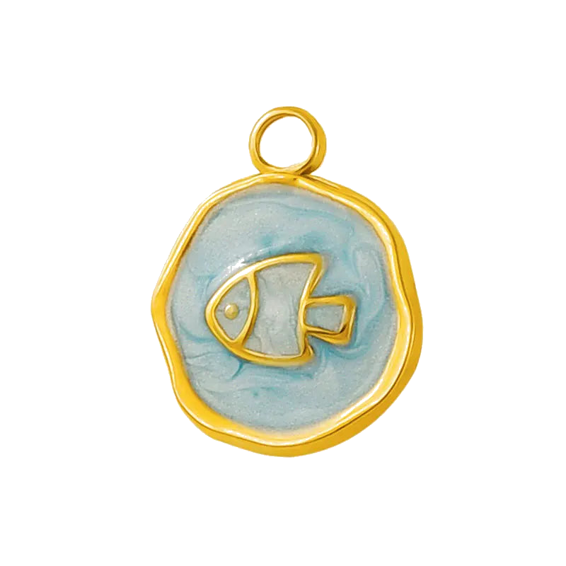 Gold Blue Fish Medallion Pendant Charm