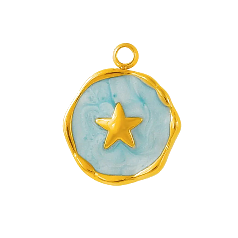 Gold Blue Star Coin Pendant Charm