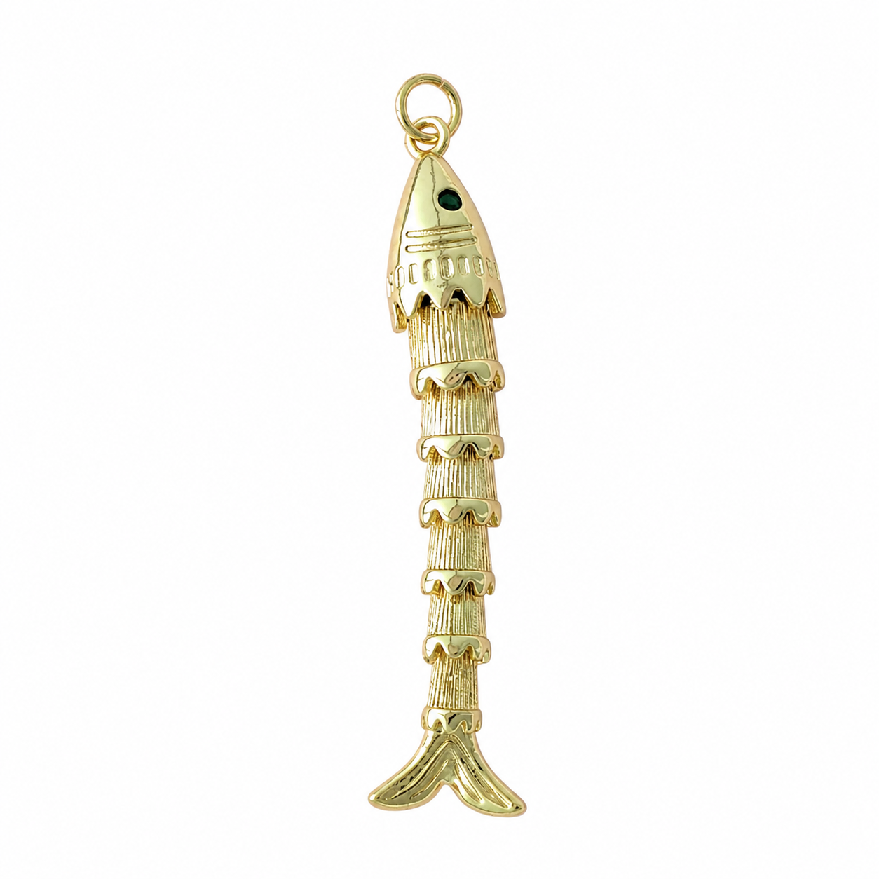 Gold Long Textured Fish Pendant Charm on pure white background