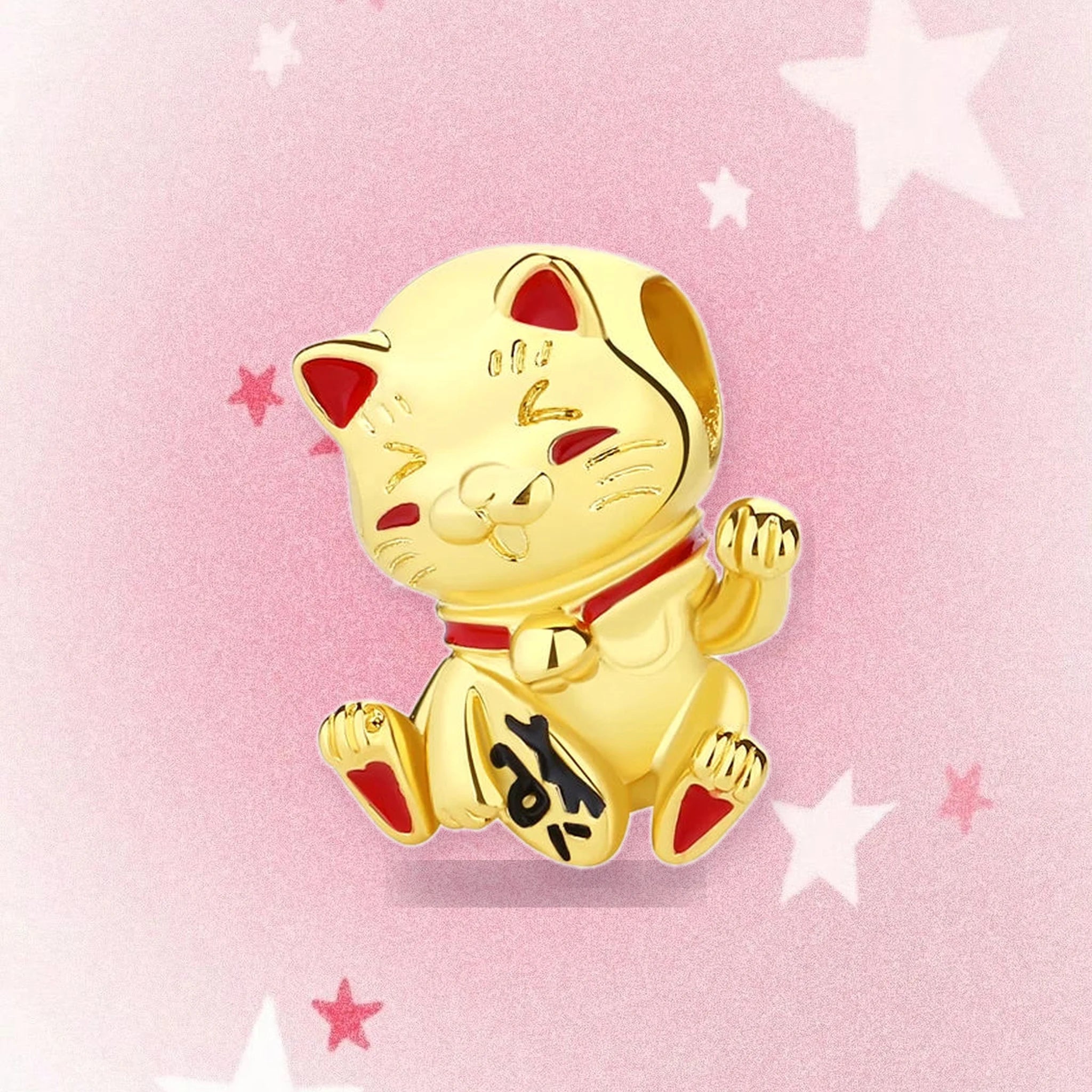 CALEO Japanese charm thumbnail - Gold Lucky Cat Charm - pink star background - 2026-07-22