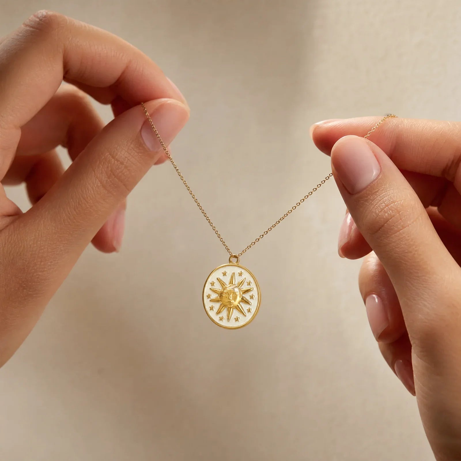 Gold White Sun Medallion Pendant Charm lifestyle jewelry photo