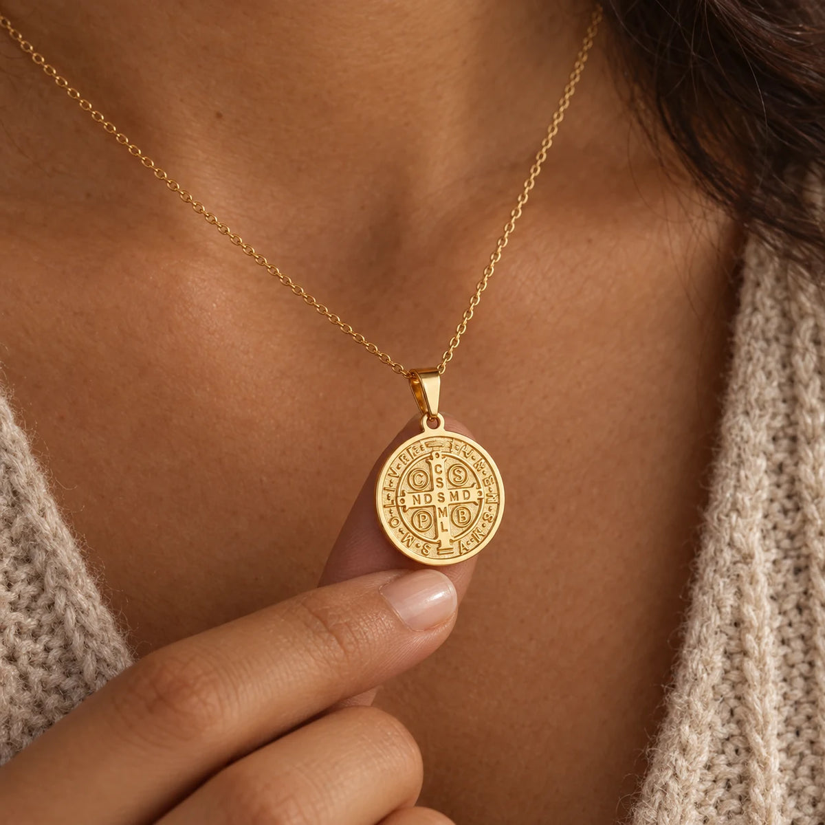 Guardian Benedict Medal Necklace - lifestyle gold held