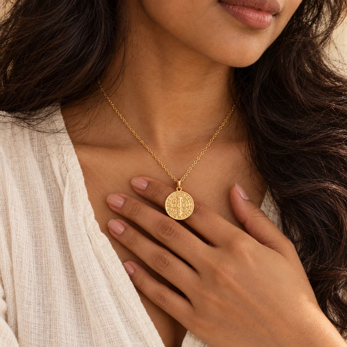 Guardian Benedict Medal Necklace - lifestyle gold hand