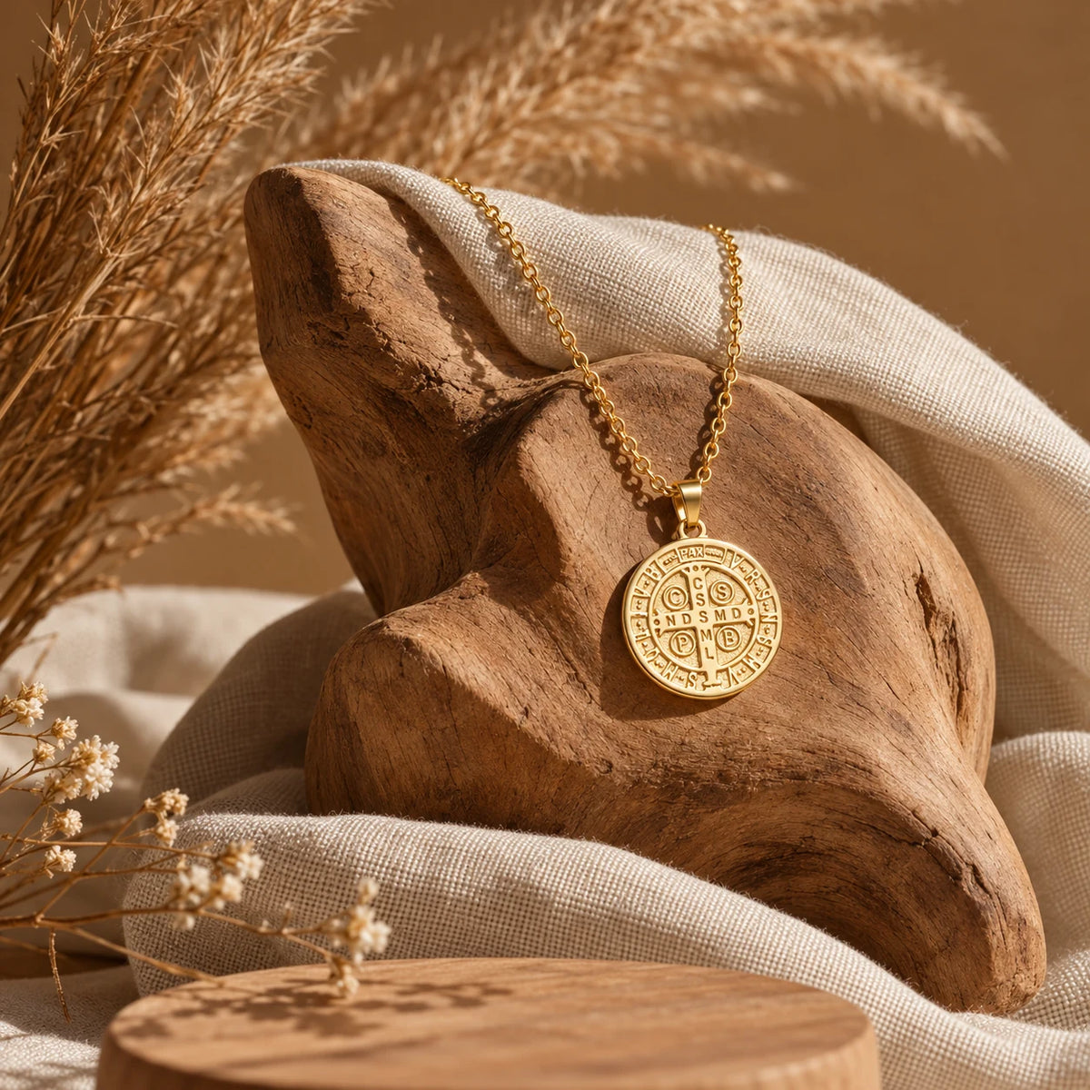 Guardian Benedict Medal Necklace - still life gold wood