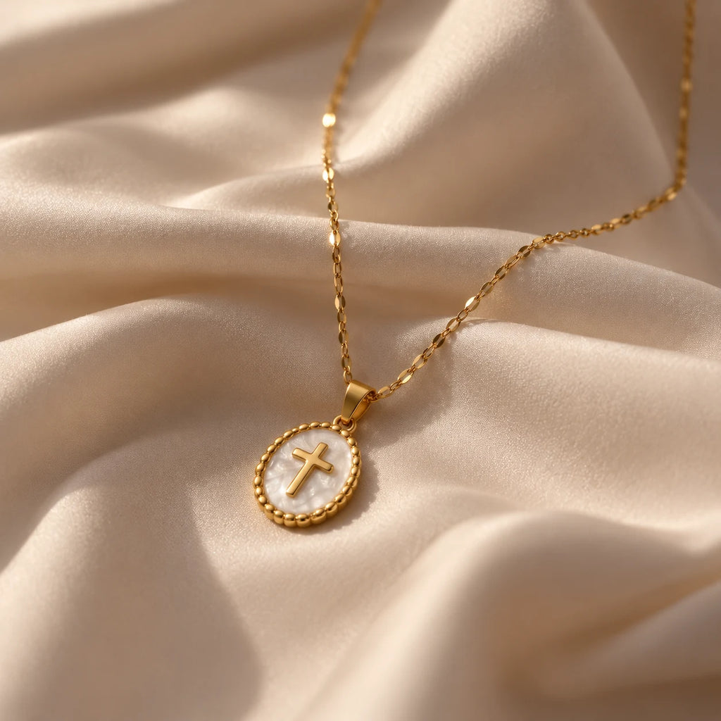 Halo Cross Medallion Necklace - editorial white satin