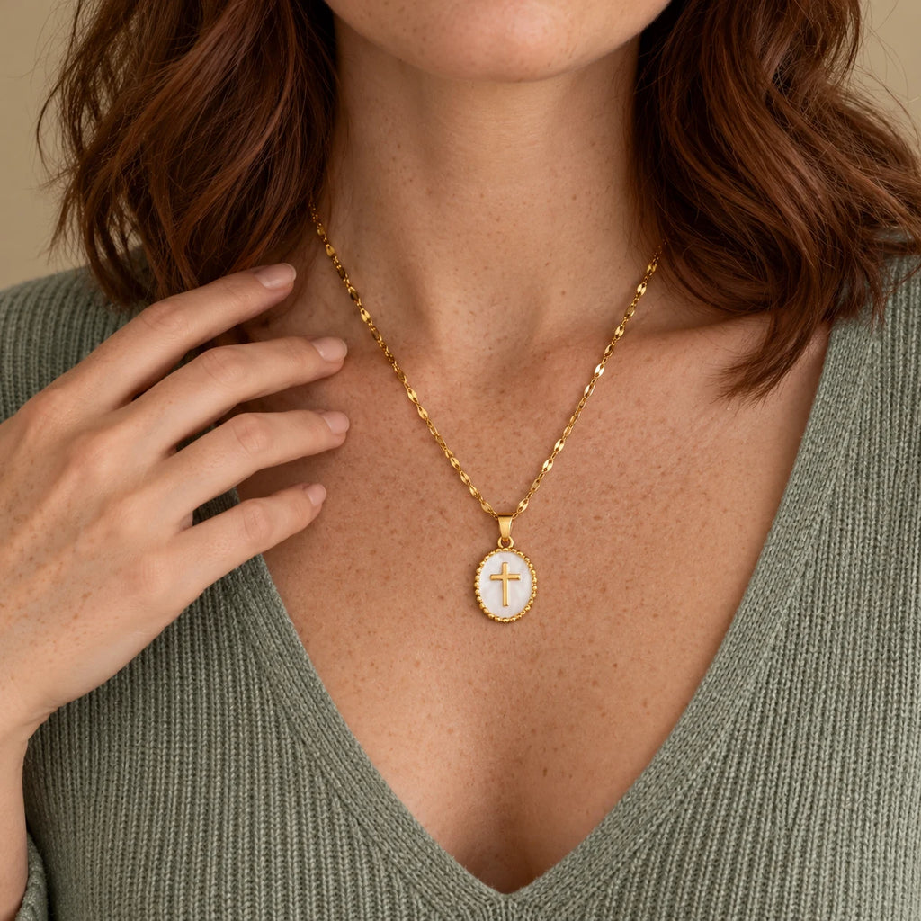 Halo Cross Medallion Necklace - lifestyle white hand