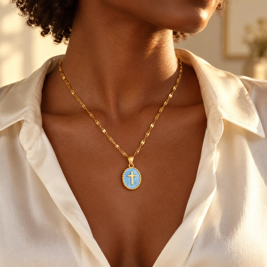 Halo Cross Medallion Necklace - lifestyle blue