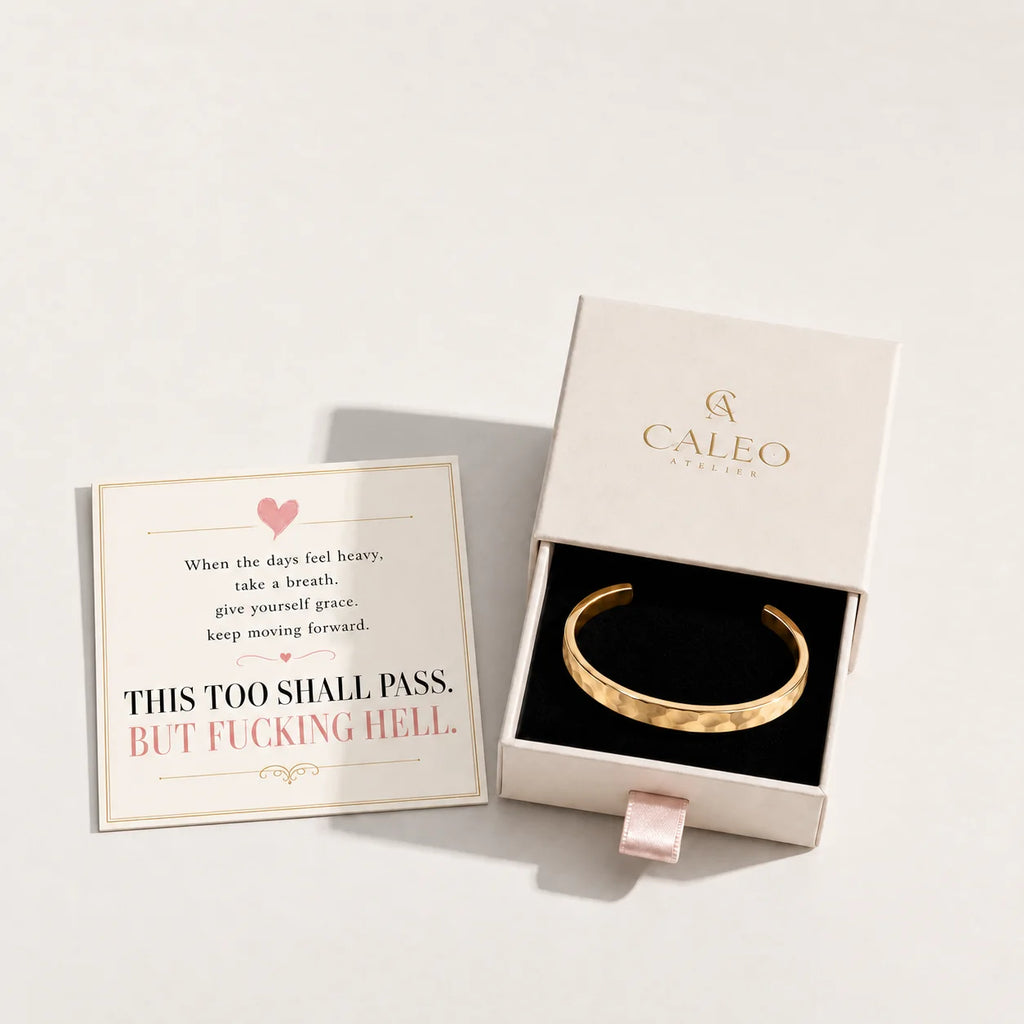 This Too Shall Pass Hammered Cuff presented in the CALEO Atelier gift box