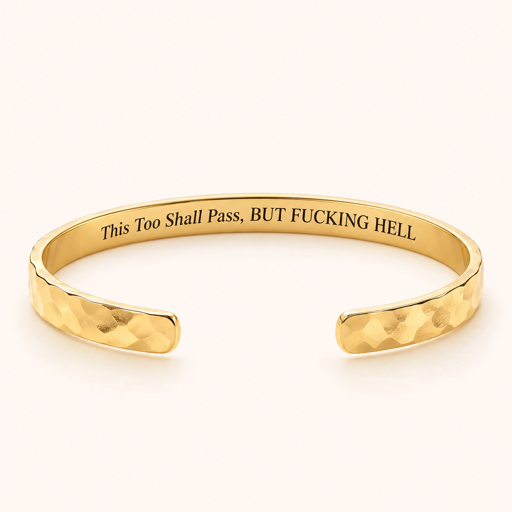 Gold hammered cuff with This Too Shall Pass private inside engraving