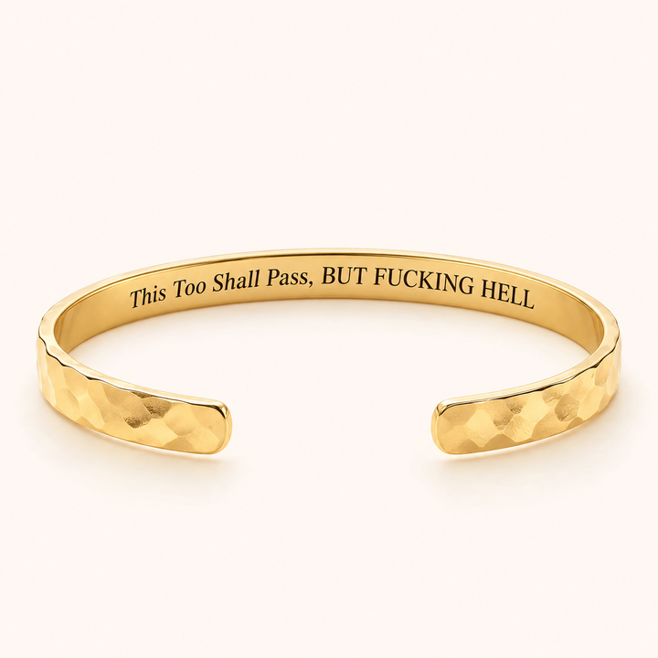 Gold hammered cuff with This Too Shall Pass private inside engraving