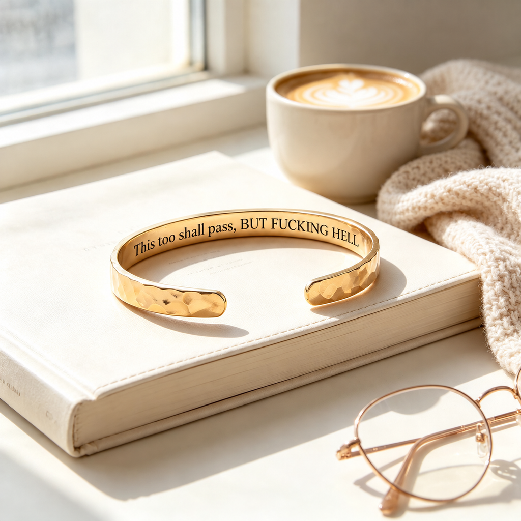 Gold hammered cuff styled with a book and coffee