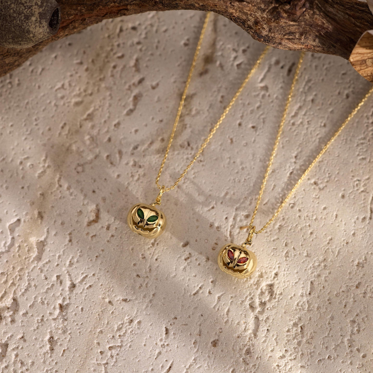 Emerald and ruby personalised Halloween birthstone pumpkin necklaces