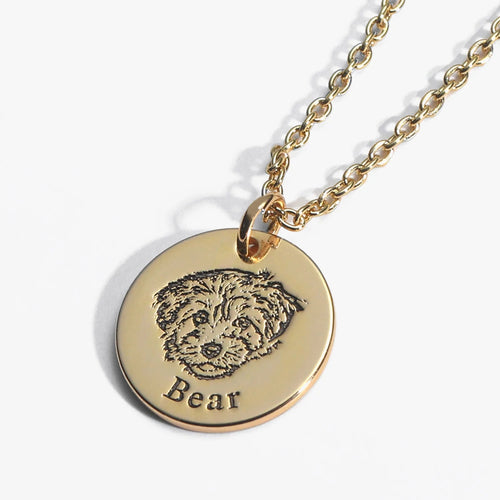 Gold Custom Pet Face Necklace with an engraved dog portrait and name