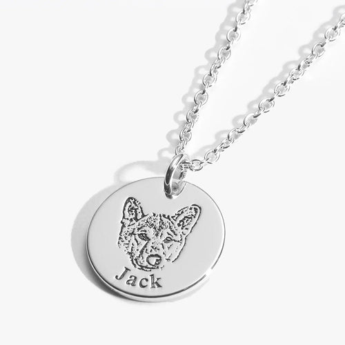 Silver Custom Pet Face Necklace with an engraved dog portrait and name