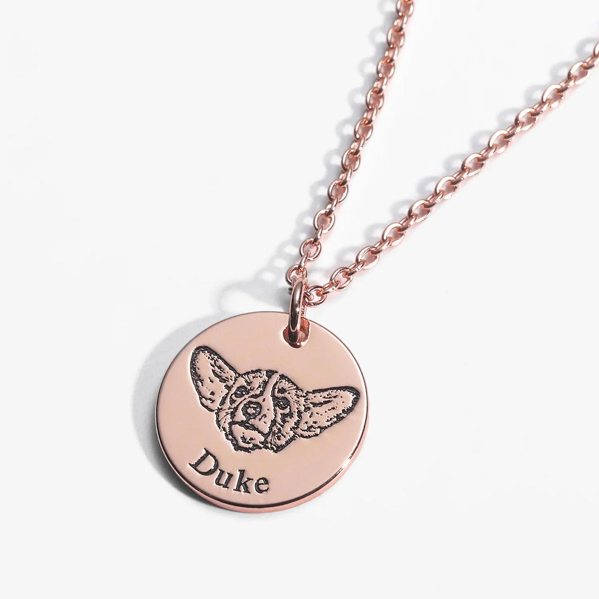 Rose Gold Custom Pet Face Necklace with an engraved dog portrait and name