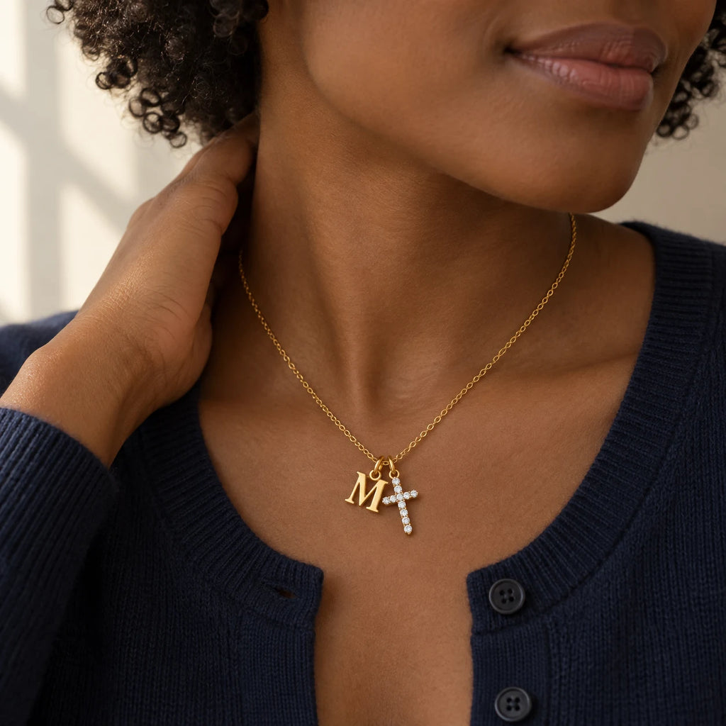Initial Grace Cross Necklace - lifestyle gold m navy knit