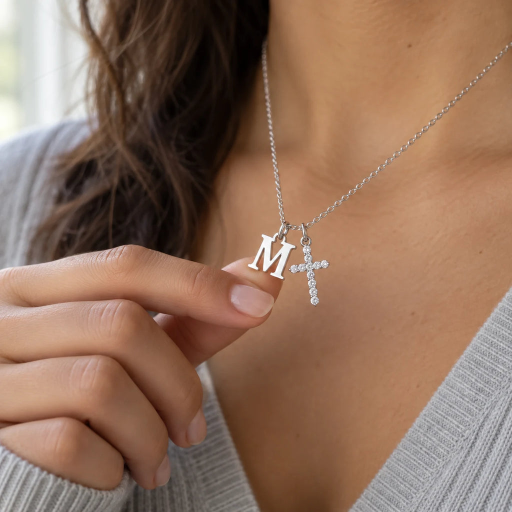 Initial Grace Cross Necklace - lifestyle silver m hand