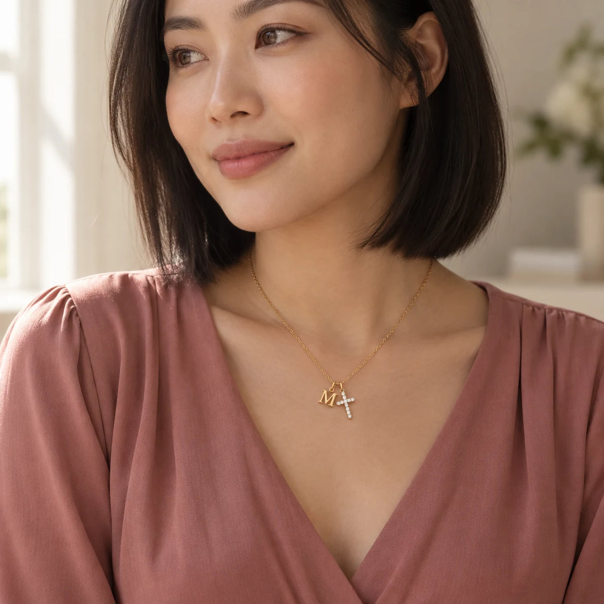Initial Grace Cross Necklace - lifestyle gold m rose wrap