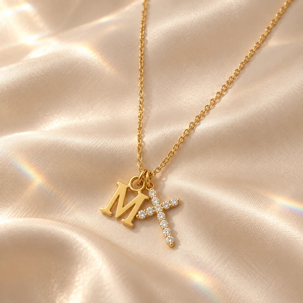Initial Grace Cross Necklace - flatlay gold m champagne