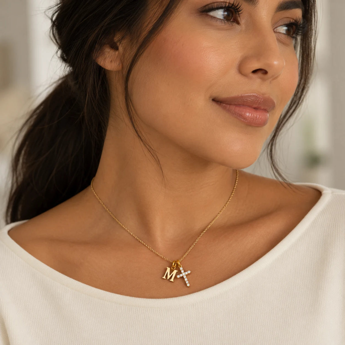 Initial Grace Cross Necklace - lifestyle gold m cream boat