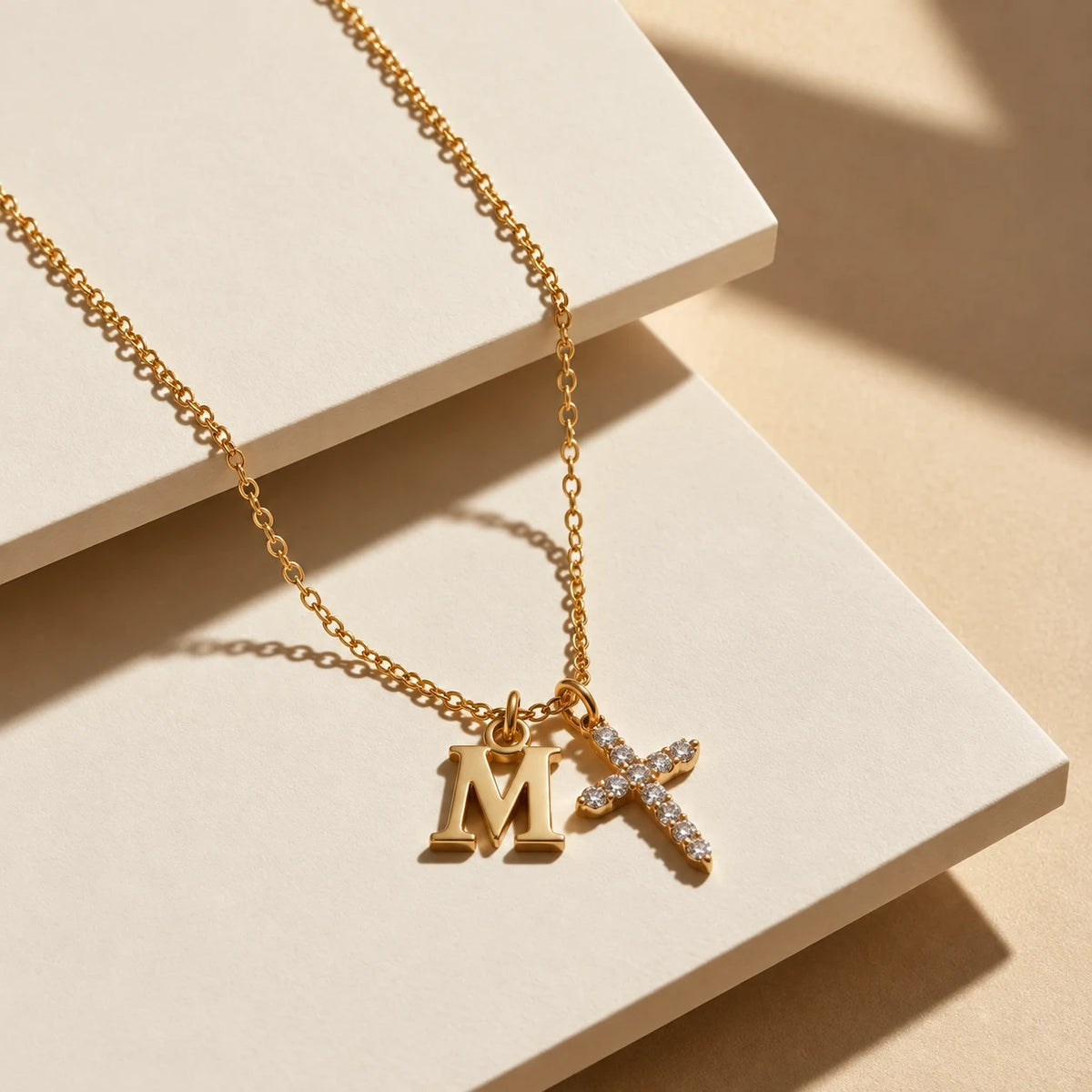 Initial Grace Cross Necklace - flatlay gold m shadow