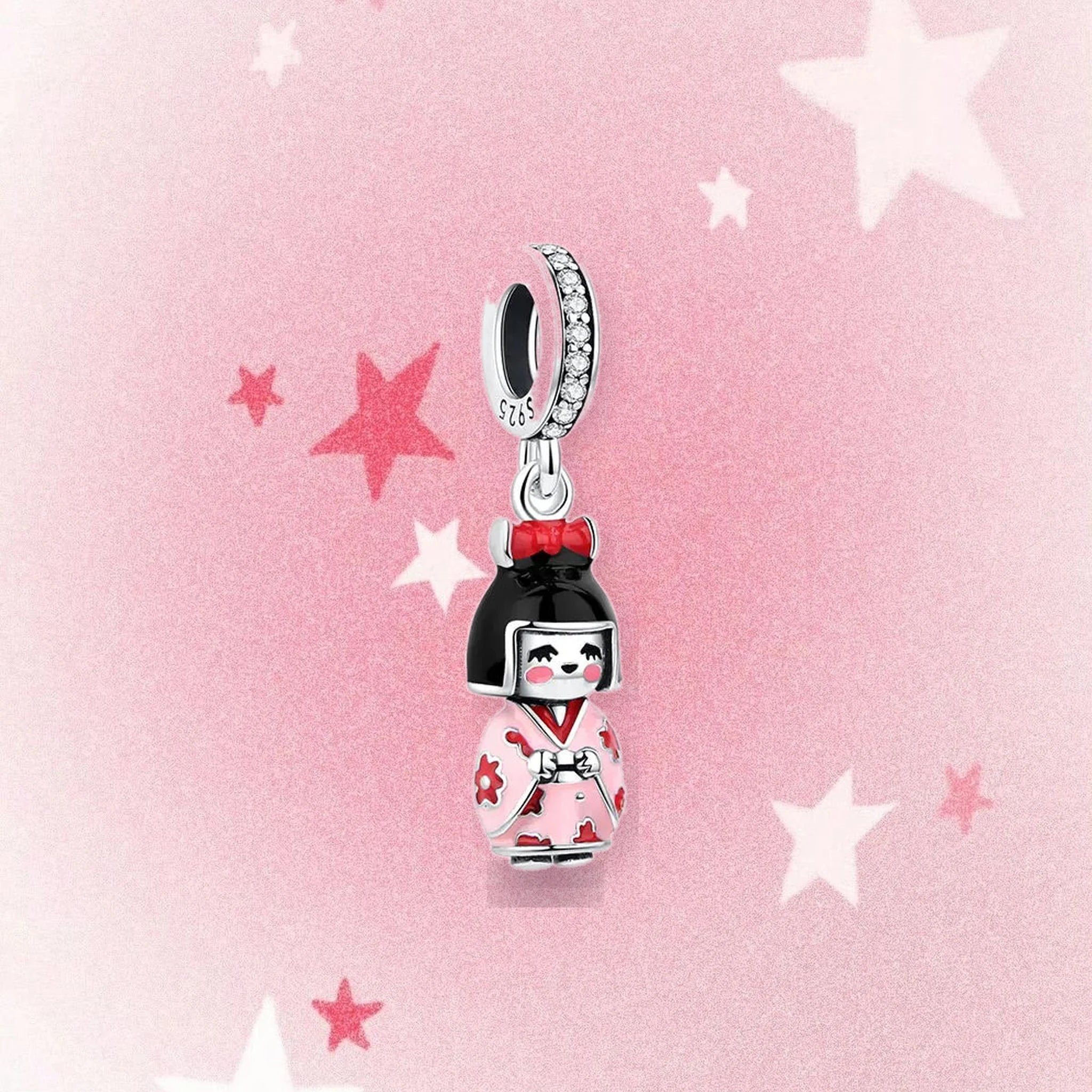 CALEO Japanese charm thumbnail - Japanese Kokeshi Doll Dangle Charm - pink star background - 2026-07-22