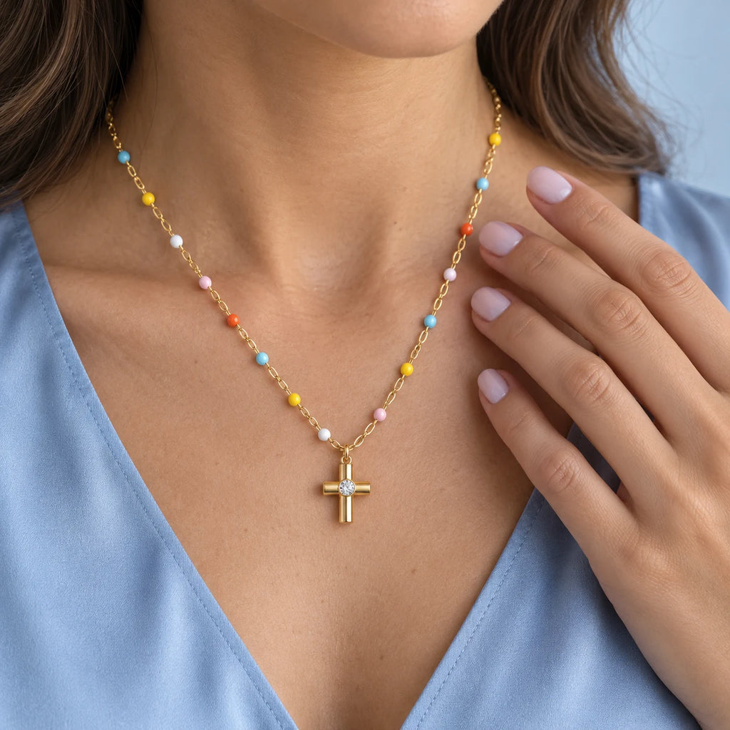 Joyful Grace Cross Necklace - lifestyle blue silk hand