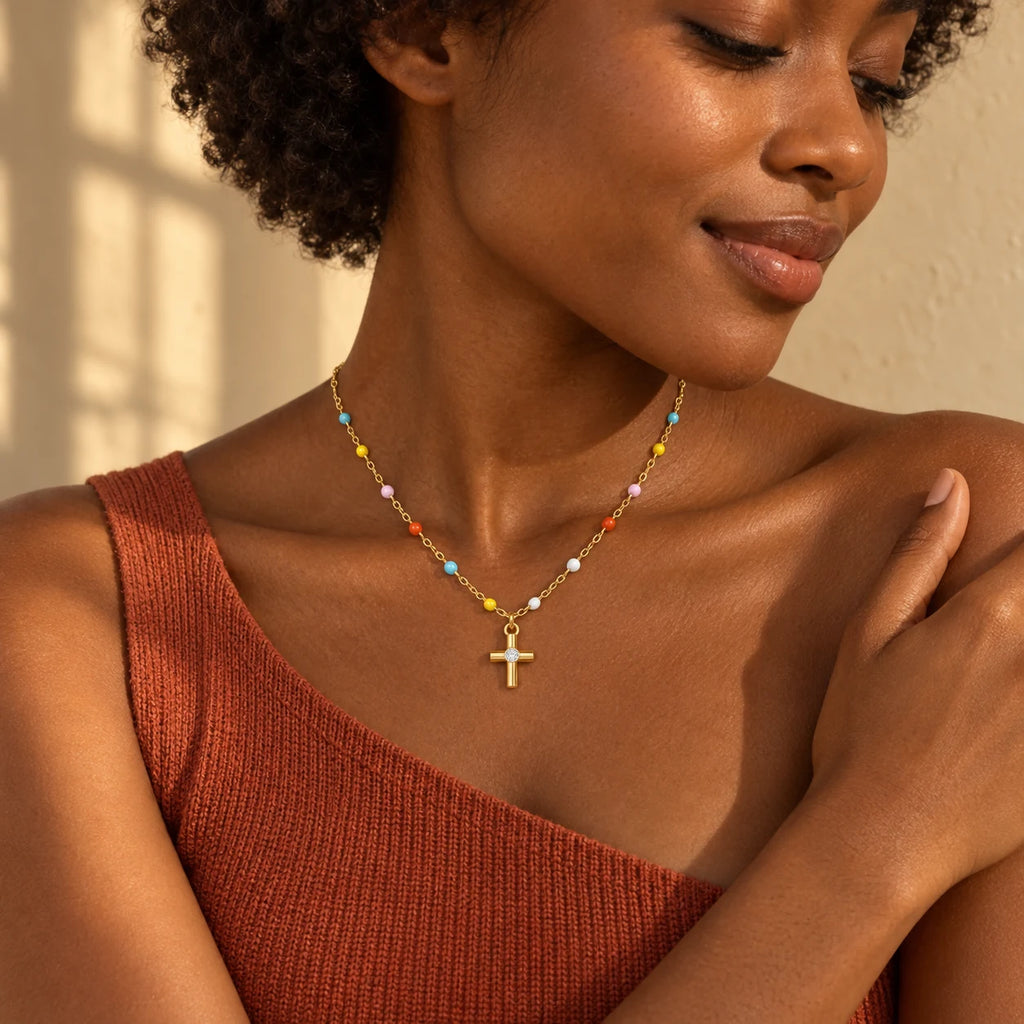 Joyful Grace Cross Necklace - lifestyle terracotta shoulder
