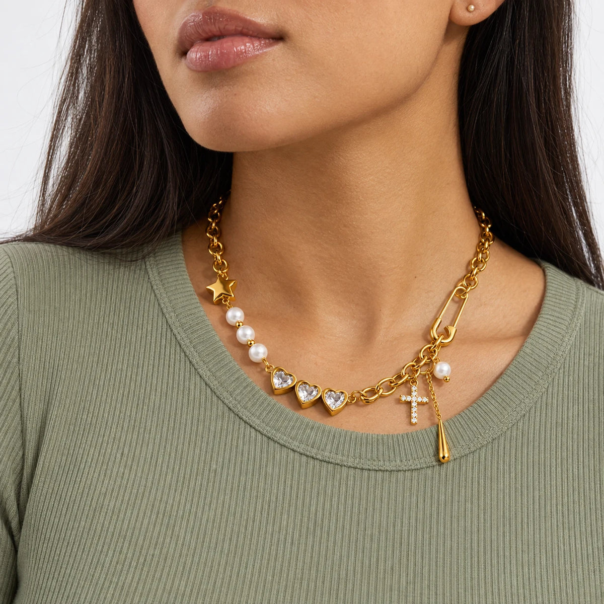 Keepsake Charm Cross Necklace - lifestyle sage top