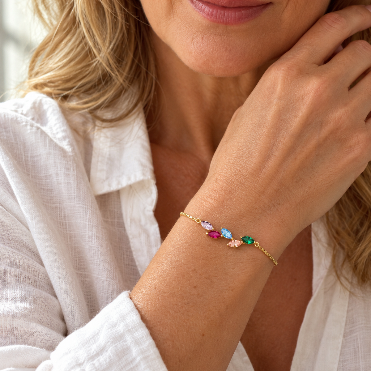 Leaf Family Birthstone Bracelet — natural worn hero