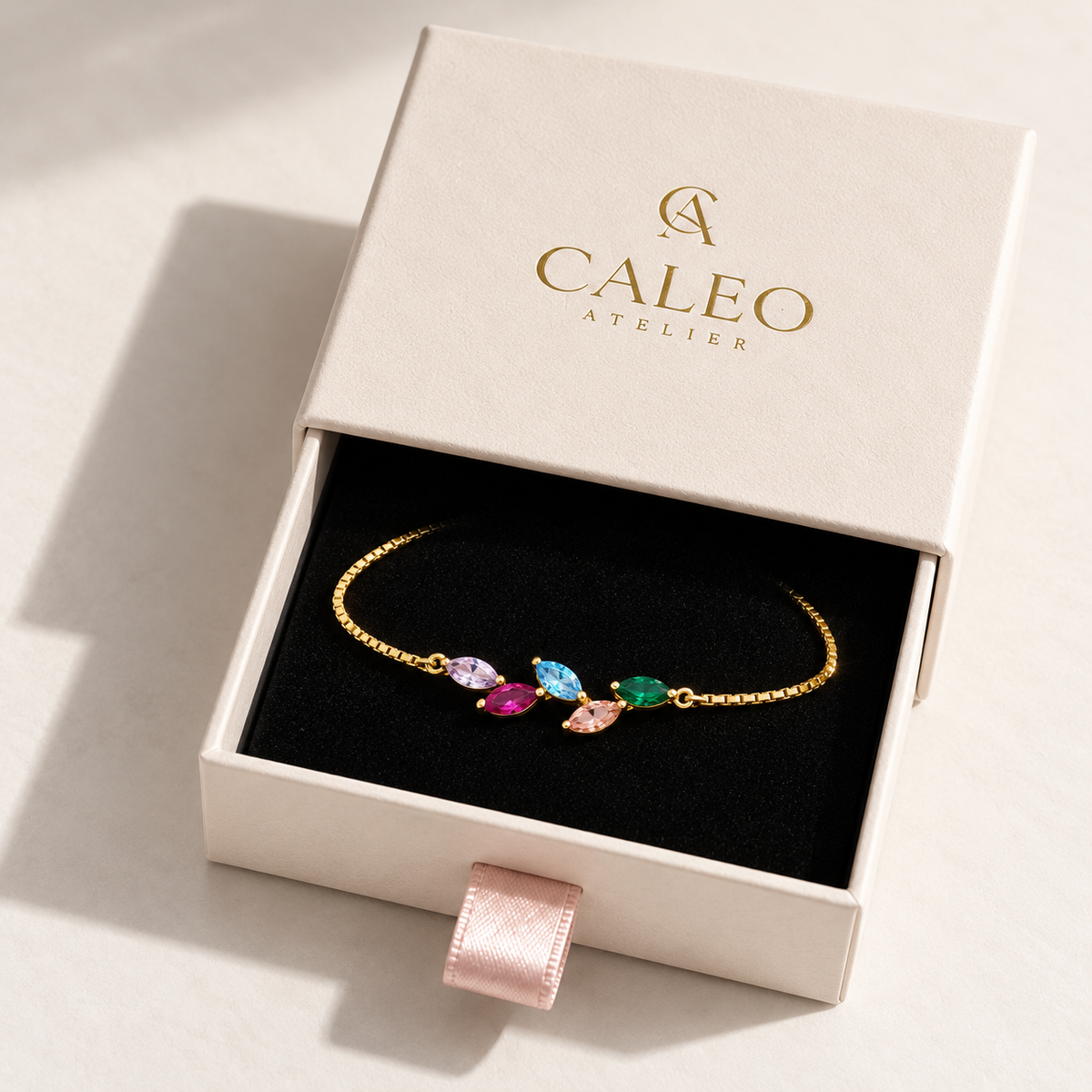 Leaf Family Birthstone Bracelet — CALEO gift packaging