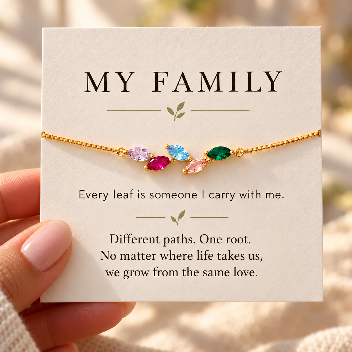 Leaf Family Birthstone Bracelet — My Family emotional message card