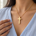 Legacy Engraved Cross Necklace - lifestyle gold blue linen