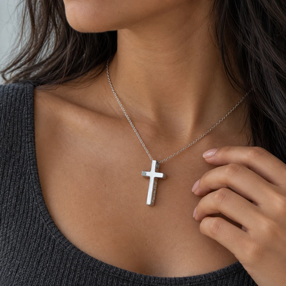 Legacy Engraved Cross Necklace - lifestyle silver charcoal