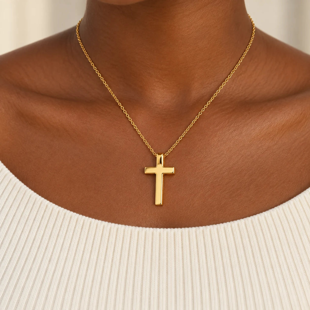 Legacy Engraved Cross Necklace - lifestyle gold ivory boatneck