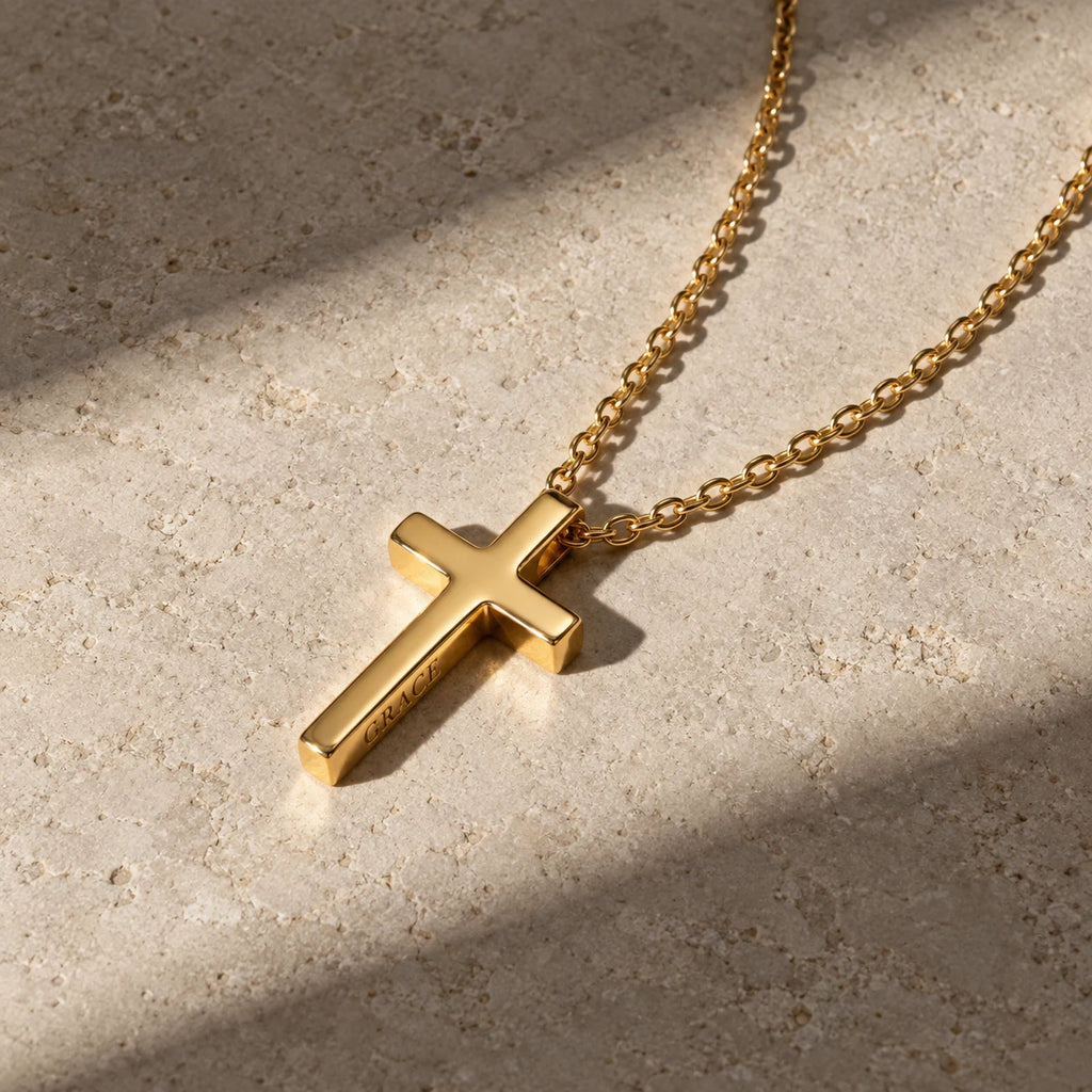 Legacy Engraved Cross Necklace - flatlay gold limestone