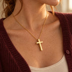 Legacy Engraved Cross Necklace - lifestyle gold burgundy