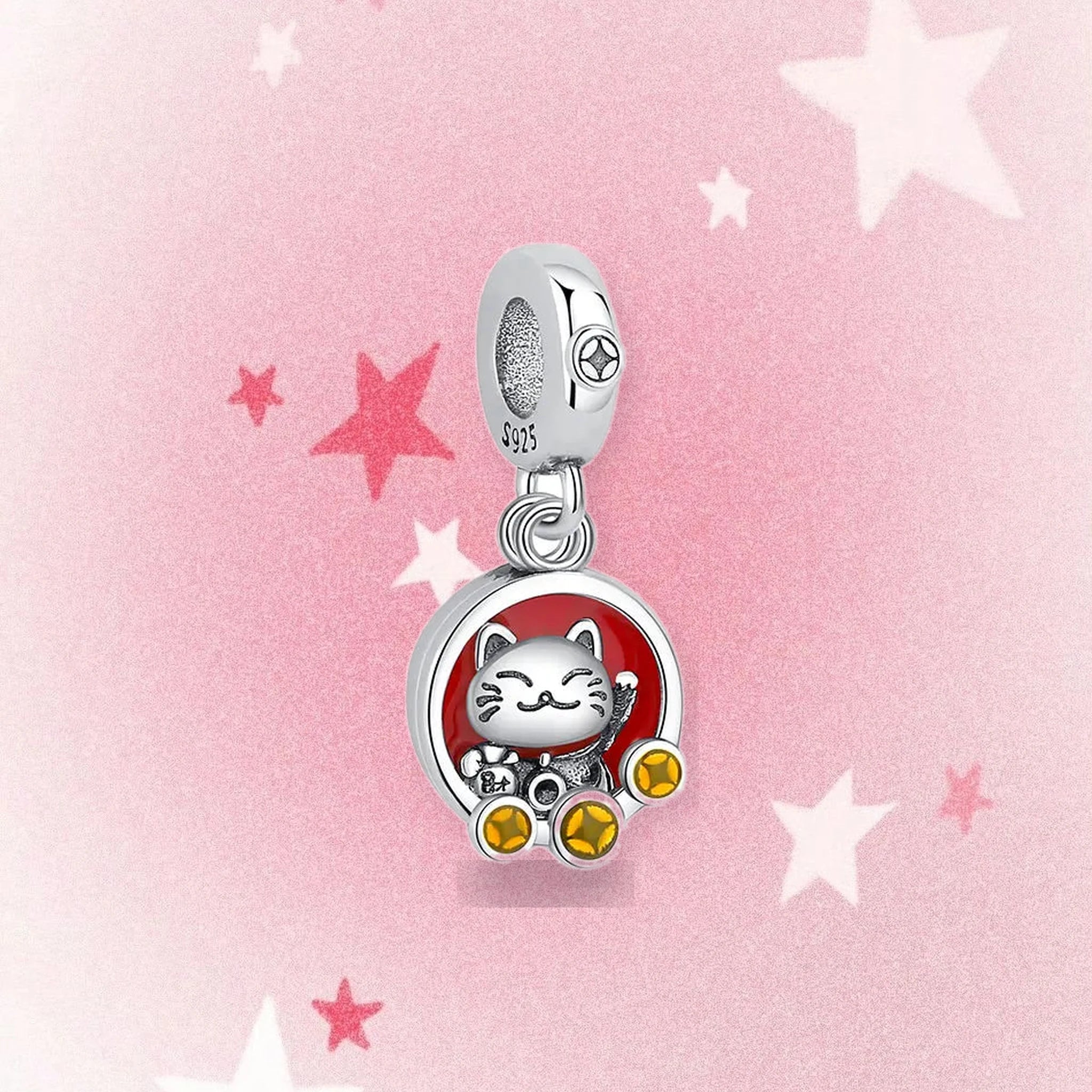 CALEO Japanese charm thumbnail - Lucky Cat Medallion Dangle Charm - pink star background - 2026-07-22