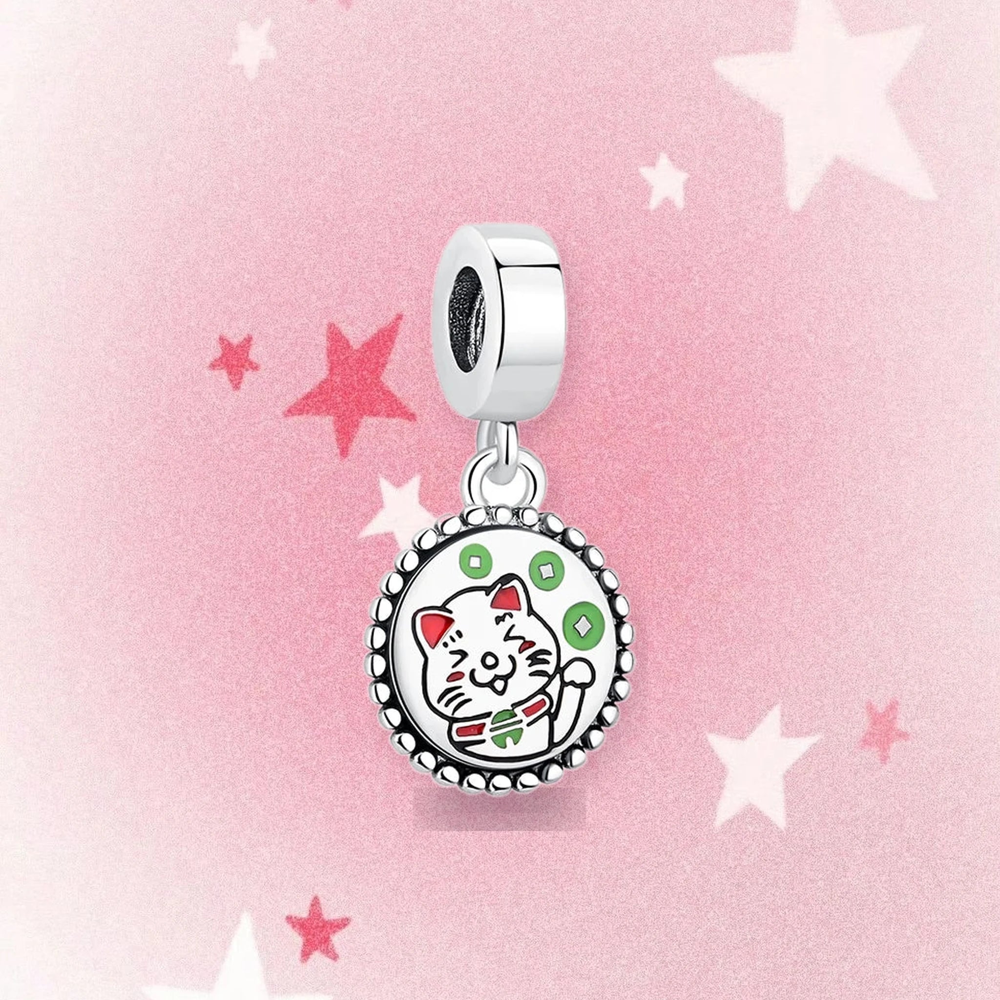 CALEO Japanese charm thumbnail - Lucky Cat Round Medallion Dangle Charm - pink star background - 2026-07-22