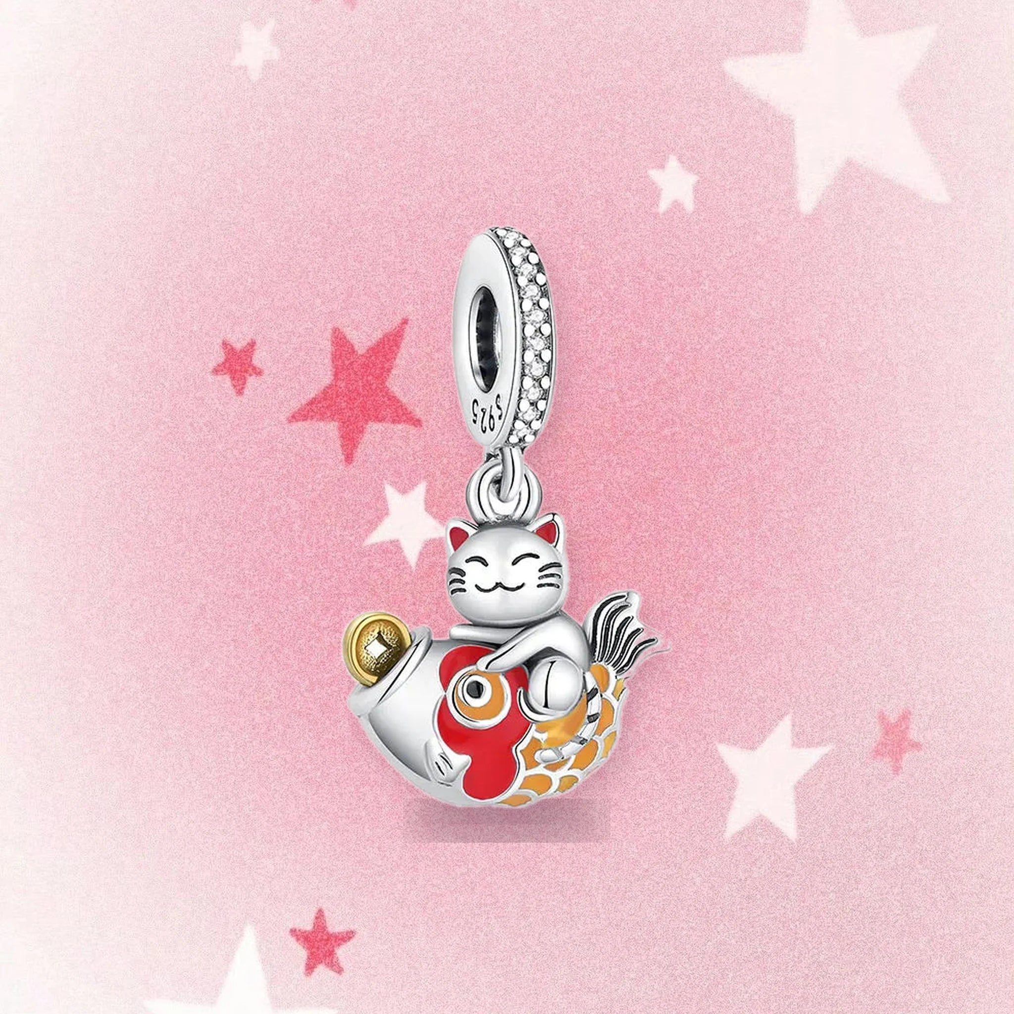 CALEO Japanese charm thumbnail - Lucky Cat Teapot Charm - pink star background - 2026-07-22
