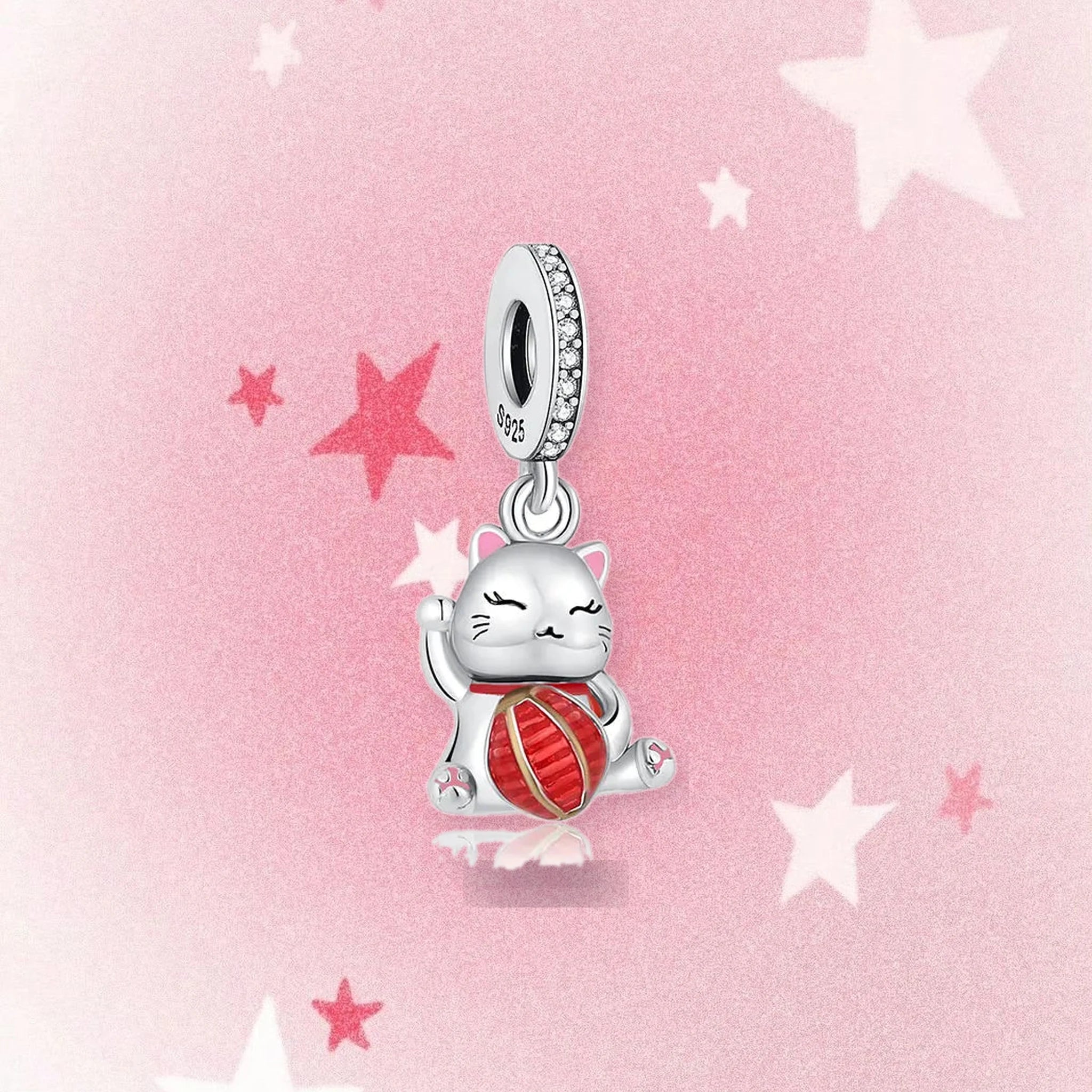 CALEO Japanese charm thumbnail - Lucky Cat Yarn Ball Dangle Charm - pink star background - 2026-07-22
