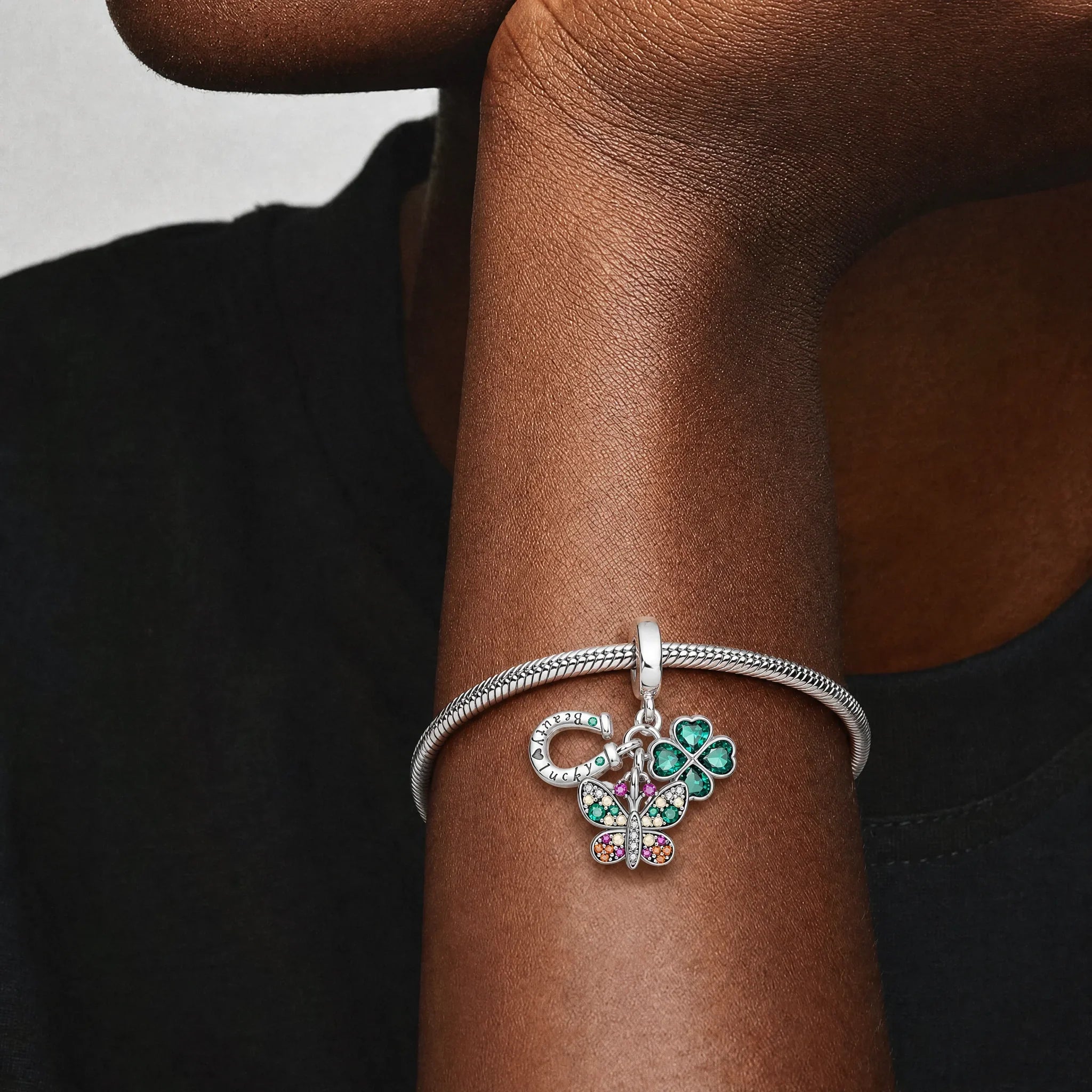 Lucky Four-Leaf Clover Butterfly Dangle Charm lifestyle jewelry image