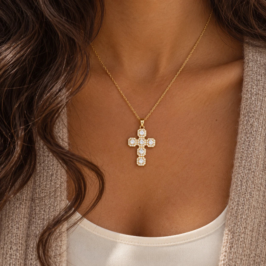 Luminous Cluster Cross Necklace - lifestyle taupe
