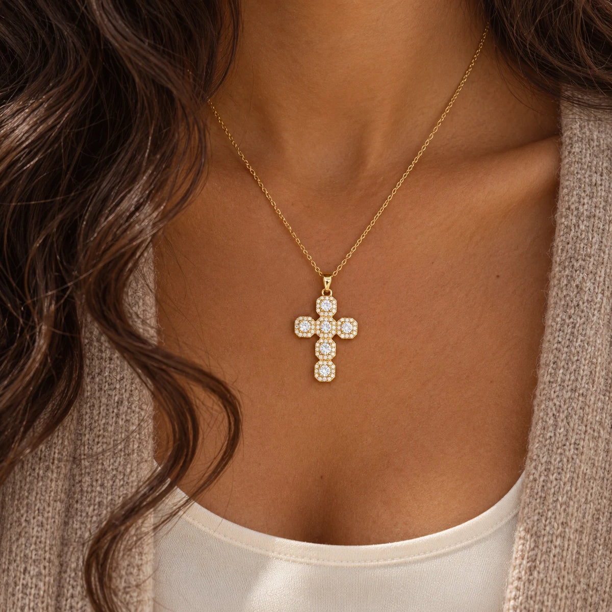 Luminous Cluster Cross Necklace - lifestyle taupe