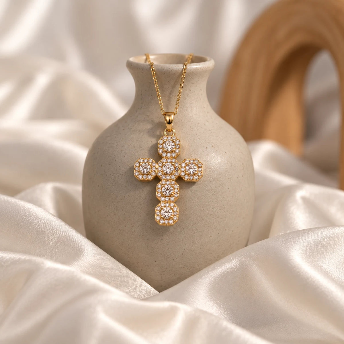 Luminous Cluster Cross Necklace - still life vase