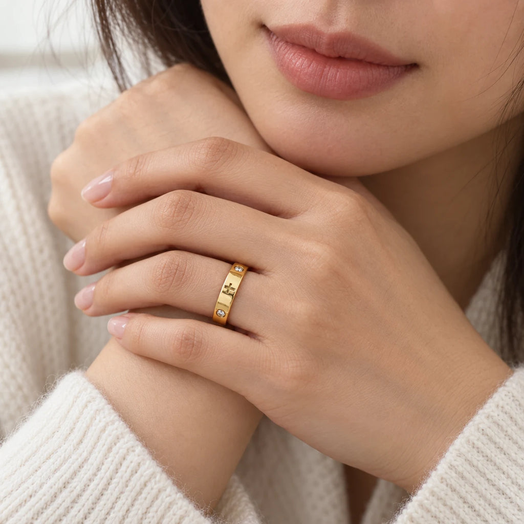 Luminous Cross Band Ring - lifestyle gold hands