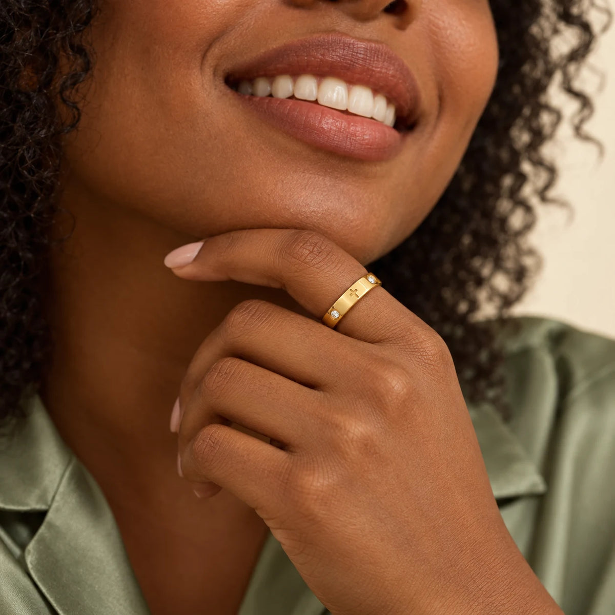 Luminous Cross Band Ring - lifestyle gold chin