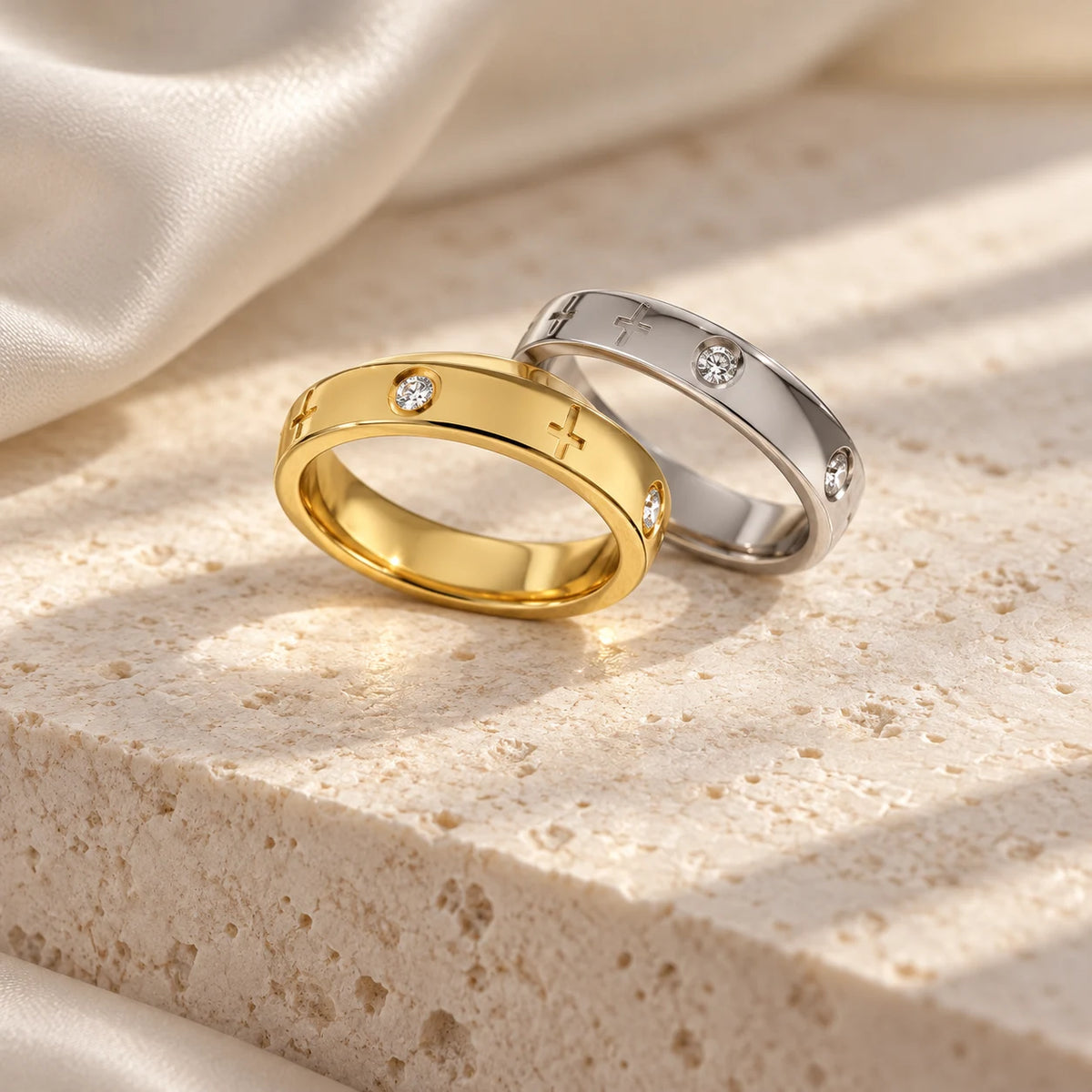 Luminous Cross Band Ring - lifestyle dual finish flatlay