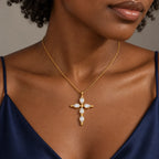 Luminous Grace Cross Necklace - lifestyle navy satin detail