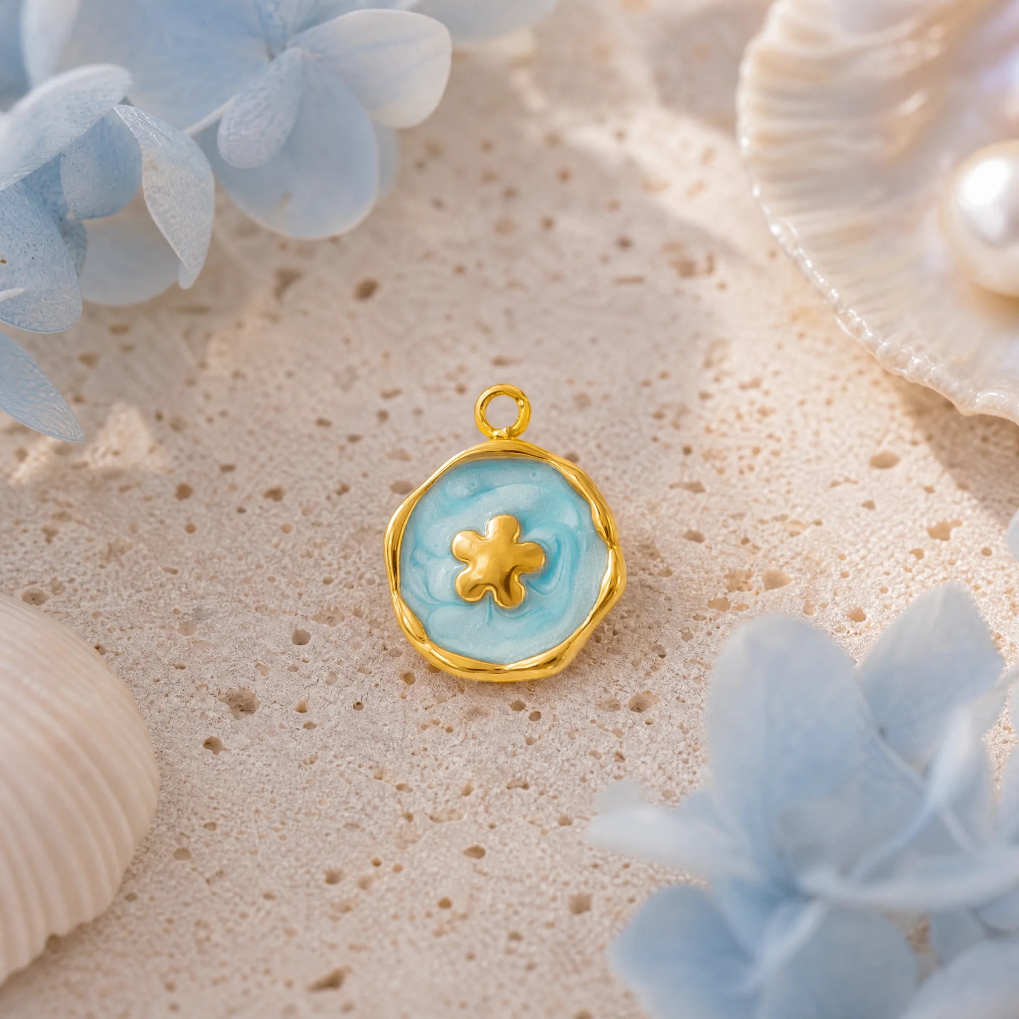 CALEO Nature & Flowers color-matched lifestyle image - Gold Blue Flower Medallion Pendant Charm - nature-flowers-color-blue-ref18-gold-blue-flower-medallion-pendant-charm - 2026-07-27